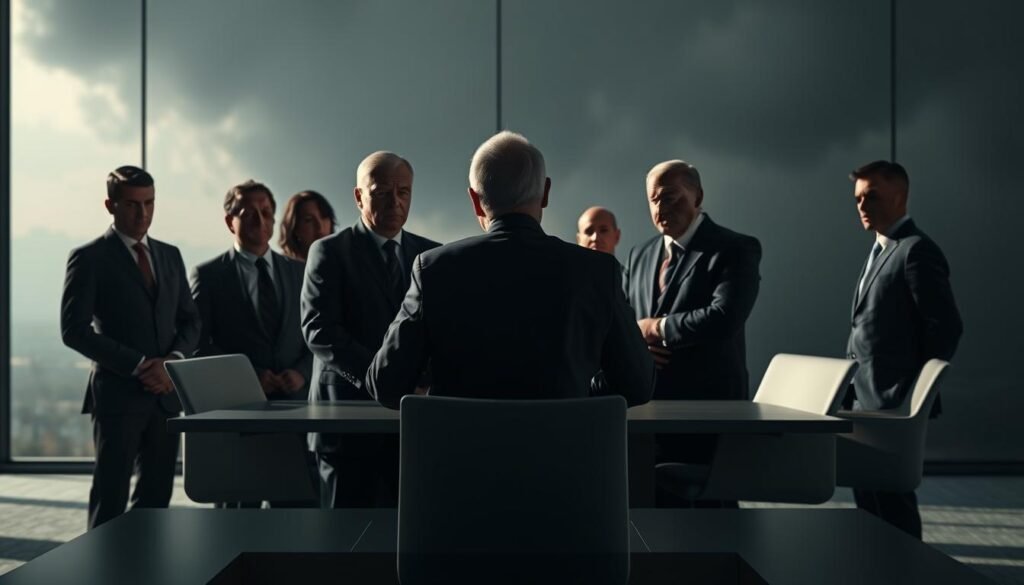 A high-stakes crisis communication strategy unfolds against a backdrop of looming uncertainty. In the foreground, a group of pensive officials huddle, their expressions grave as they navigate the delicate balance of conveying a confident, yet empathetic message. Dramatic lighting casts sharp shadows, creating a sense of urgency and intensity. In the middle ground, a sleek, modern conference room sets the stage, with minimalist design elements and muted tones that exude a sense of professionalism. The background fades into a hazy, abstract landscape, suggesting the far-reaching implications and global context of the crisis at hand. The overall composition evokes a powerful, cinematic quality, capturing the weight and complexity of strategic crisis communication.