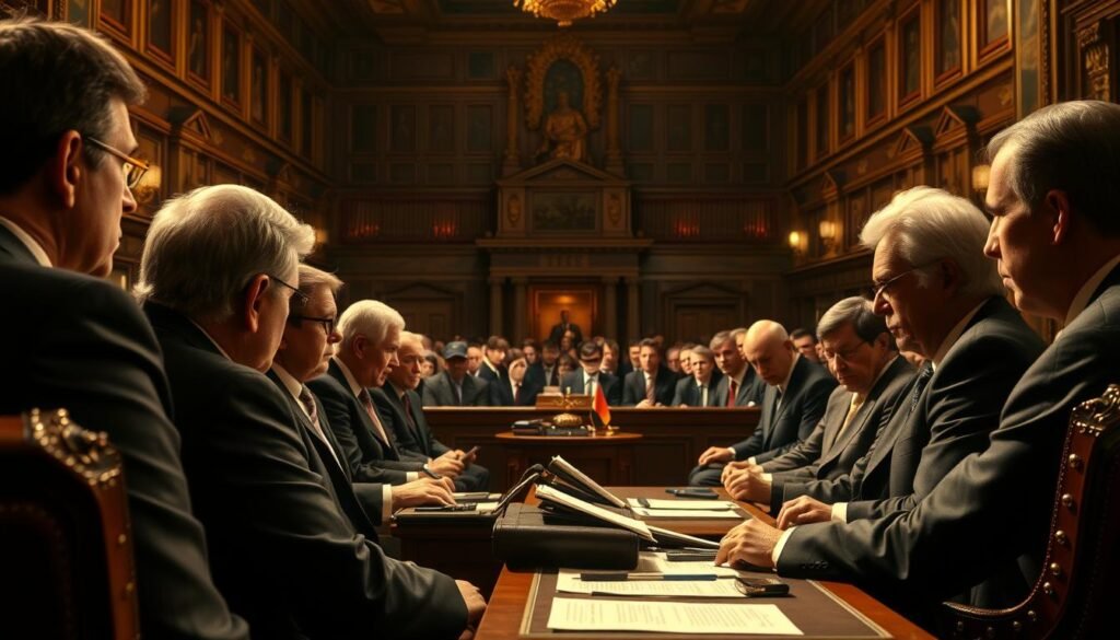 A high-stakes parliamentary debate unfolds, as lawmakers meticulously scrutinize the qualifications and suitability of a potential ambassador. The ornate chamber is bathed in warm, golden light, casting a solemn, dignified atmosphere. In the foreground, the nominee sits calmly, facing a panel of stern-faced representatives intently questioning their credentials. In the middle ground, the lawmakers lean forward, brows furrowed in concentration, as they delve into the nominee's background and experience. The distant background reveals the grand architecture of the parliament building, symbolizing the gravity and importance of the process. The overall scene conveys the gravity and rigor of the confirmation hearing, where the nation's interests are carefully weighed against the nominee's qualifications.