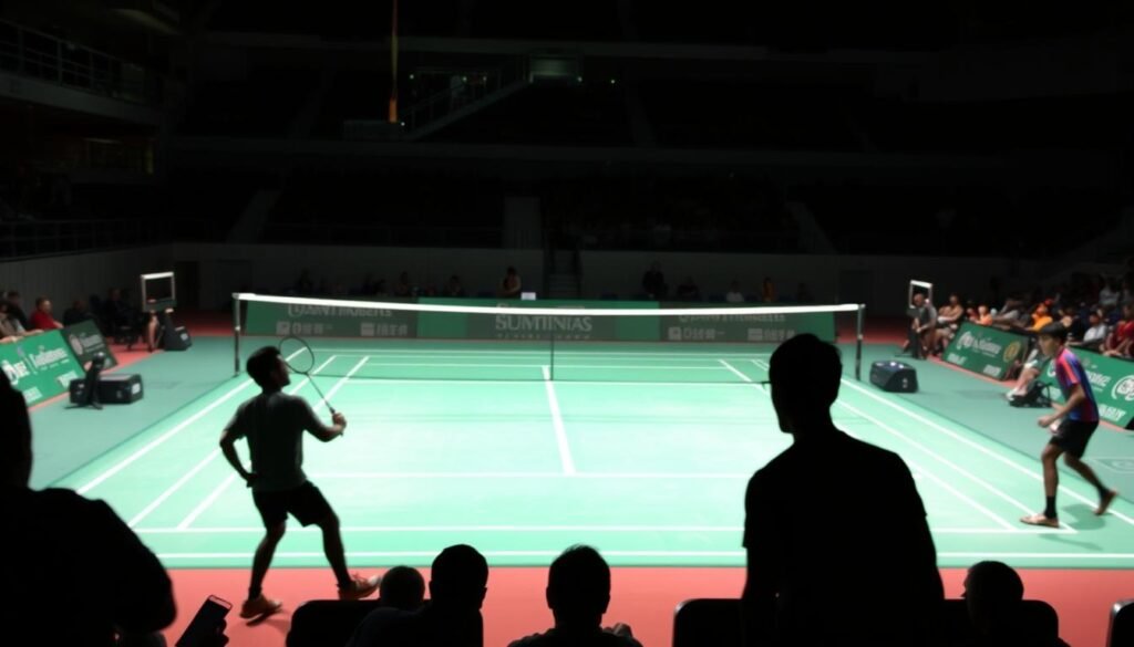 A live broadcast of a badminton match, captured with a professional camera lens. The court is brightly lit, creating dramatic shadows and highlights on the players as they engage in intense rallies. In the foreground, the players' silhouettes are sharply defined, their movements frozen in time. The middle ground features the expansive court, its boundaries and lines clearly visible. In the background, a stadium audience is barely discernible, creating a sense of energy and anticipation. The overall atmosphere is one of high-stakes competition, with a focus on the technical mastery and athleticism of the players.