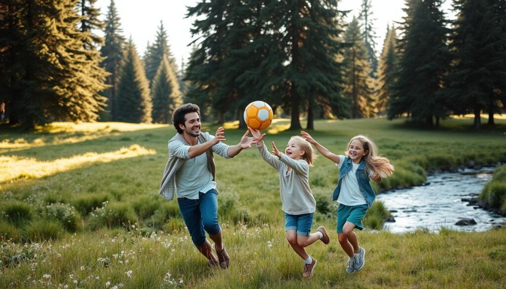 A lively family engaged in an active outdoor adventure together, surrounded by a serene natural landscape. In the foreground, a couple and their two young children playfully tossing a ball, their faces alight with joy and laughter. The middle ground features a grassy field dotted with wildflowers, with a gently flowing stream winding through. In the background, towering evergreen trees frame the scene, casting a warm, golden glow from the soft, diffused sunlight filtering through the canopy. The overall atmosphere conveys a sense of togetherness, physical wellness, and the rejuvenating power of quality time spent in nature.