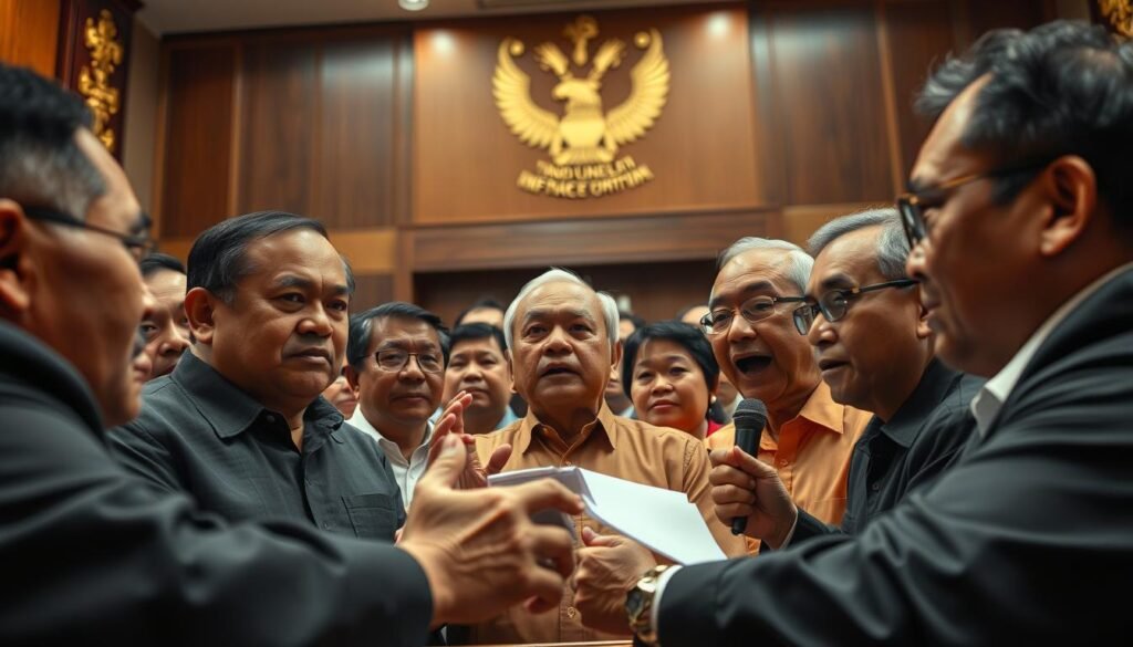 A lively scene of Indonesian lawmakers and political party representatives gathered in a formal setting, reacting to the recent constitutional court ruling. Intense expressions of discussion and debate, gesturing and note-taking, against a backdrop of government architecture and insignia. Warm, focused lighting illuminates the serious deliberation, conveying the gravity and importance of the situation. A wide, low-angle perspective captures the tension and dynamics of the high-level political meeting, showcasing the diverse reactions and interactions of the key stakeholders.
