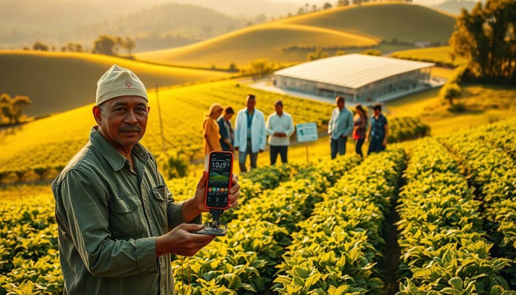 A lush, verdant agricultural landscape with rolling hills and flourishing crops. In the foreground, a farmer proudly showcases a cutting-edge agricultural technology, perhaps a precision planting device or a smart irrigation system. In the middle ground, a group of agricultural researchers and experts examine a display showcasing the latest advancements in sustainable farming practices. In the background, a modern greenhouse or hydroponic facility stands as a testament to the innovations transforming Indonesia's agricultural sector. The scene is bathed in warm, golden sunlight, conveying a sense of progress, optimism, and a commitment to improving food security and environmental sustainability.