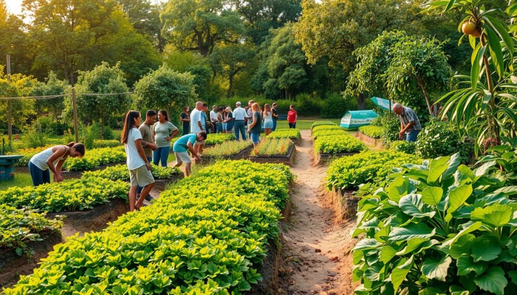 A lush, verdant community garden teeming with life. In the foreground, a diverse group of people, young and old, tending to rows of vibrant vegetables and herbs, their faces alight with a shared sense of purpose. The middle ground features a central gathering area, where community members collaborate, sharing knowledge and resources. Winding pathways lead to the background, where fruit trees and flowering plants create a tranquil, park-like atmosphere. Warm, natural lighting filters through the canopy, casting a soft, golden glow over the scene. The overall mood is one of harmony, cooperation, and a deep connection to the land and each other.