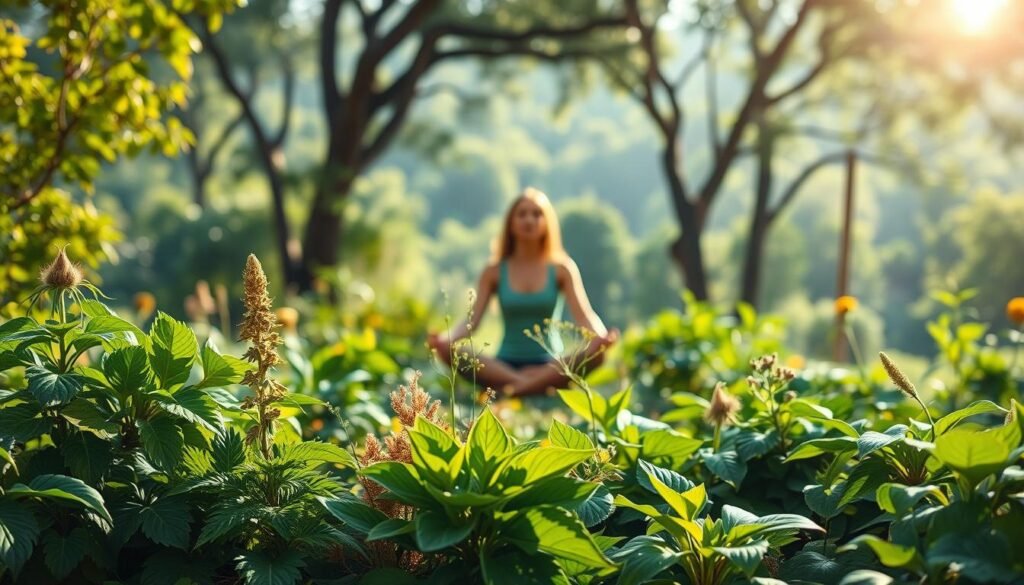 A lush, verdant garden with various natural remedies in the foreground. In the middle ground, a woman sits cross-legged, meditating amidst the plants. The background showcases a serene, sun-dappled forest landscape. Soft, natural lighting illuminates the scene, creating a calming, holistic atmosphere. The composition emphasizes the harmony between nature, natural healing, and a healthy lifestyle.