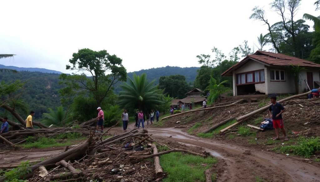 A lush, verdant landscape in Puncak, Bogor, Indonesia, where a devastating landslide has carved a path of destruction. Uprooted trees, debris, and mud cover the ground, as villagers survey the aftermath with somber expressions. The sky is overcast, casting a gloomy, muted light over the scene. In the foreground, a damaged structure stands as a testament to the power of the landslide, its crumbled walls and broken windows a stark reminder of the devastation. In the middle ground, rescue workers and volunteers work tirelessly to clear the debris and assist the affected community. The background reveals the surrounding hills, scarred by the landslide's impact, a sobering reminder of the fragility of the landscape and the need for better disaster preparedness.