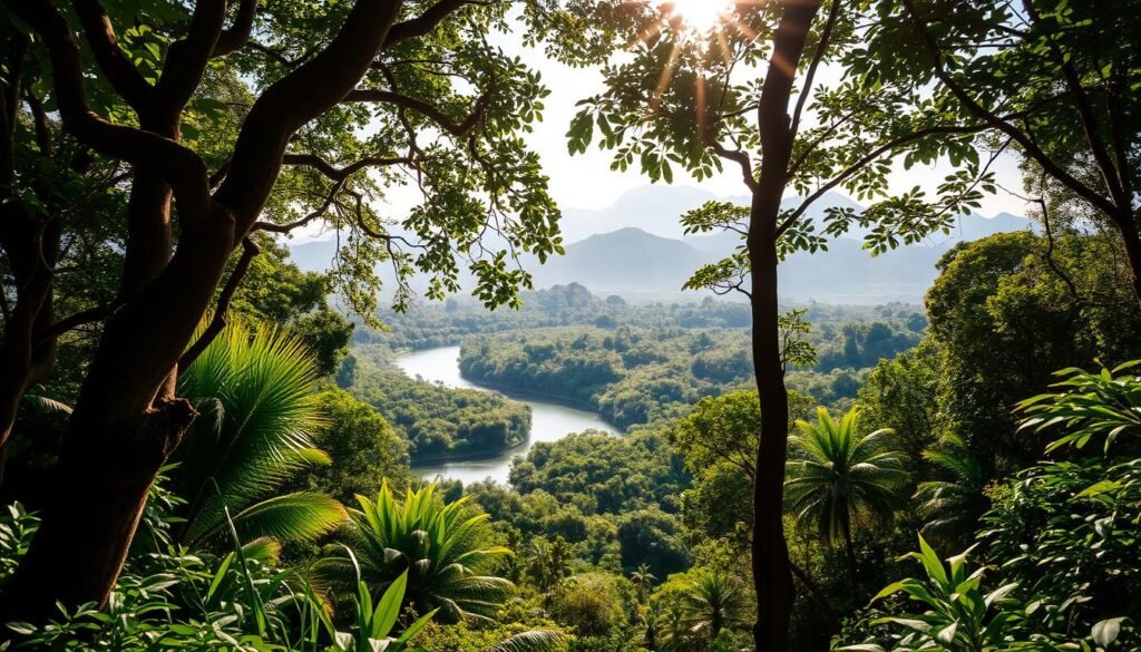 A lush, verdant tropical forest, a strategic conservation area teeming with life. Sunlight filters through the dense canopy, casting a warm glow on the diverse array of flora and fauna. In the foreground, towering trees with twisted, gnarled trunks provide a sturdy foundation, while vibrant, leafy undergrowth carpets the forest floor. In the middle ground, a winding river cuts through the landscape, its crystal-clear waters reflecting the surrounding foliage. Majestic mountains rise in the distance, their peaks shrouded in mist, creating a sense of tranquility and wonder. The scene exudes a sense of harmony and balance, a testament to the importance of preserving these strategic conservation areas for future generations.