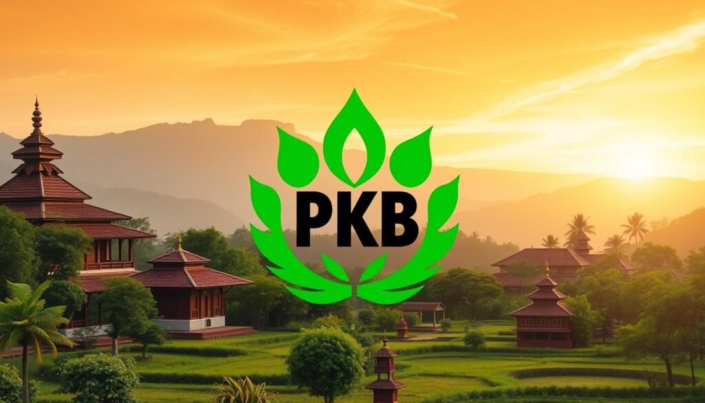 A majestic emblem depicting the Partai Kebangkitan Bangsa (PKB) political party, set against a backdrop of traditional Indonesian architecture and natural scenery. The emblem, prominently displayed in the foreground, features the distinctive PKB logo - a vibrant green, stylized flame-like symbol radiating outward. The middle ground showcases a serene, rural landscape with lush foliage, rolling hills, and traditional Javanese-style buildings, reflecting the party's grassroots connection to Indonesia's cultural heritage. The background gradually transitions to a warm, golden-hued sky, creating a sense of pride, stability, and optimism. The overall composition conveys the PKB's commitment to upholding traditional values while driving progress and development in Indonesia.