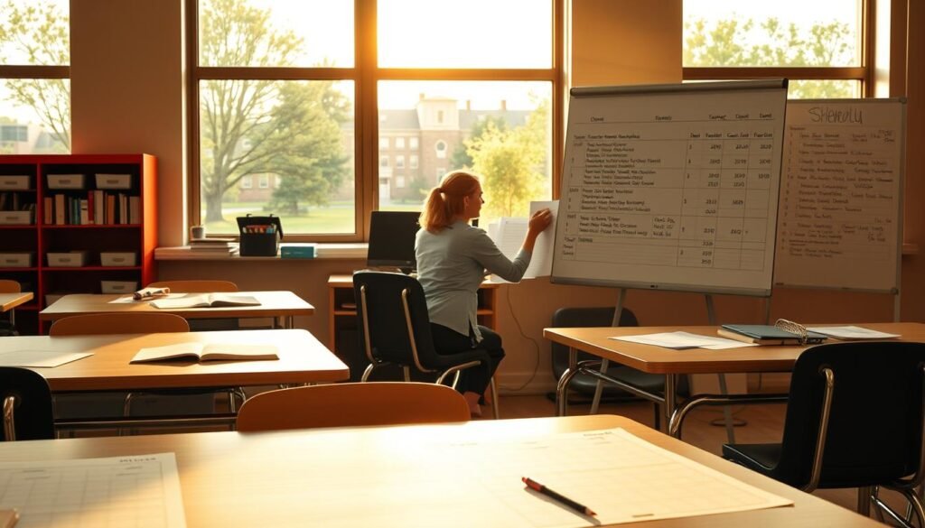 A meticulously arranged school schedule, with carefully planned timetables, class periods, and break times. A classroom setting with desks, chairs, and educational materials in the foreground. In the middle ground, a teacher or administrator reviewing and organizing the schedule on a computer or whiteboard. The background features a window overlooking a serene school campus, with trees and buildings visible. The lighting is warm and natural, creating a welcoming and productive atmosphere. The overall composition conveys a sense of order, efficiency, and attention to detail in the process of crafting an effective school schedule.
