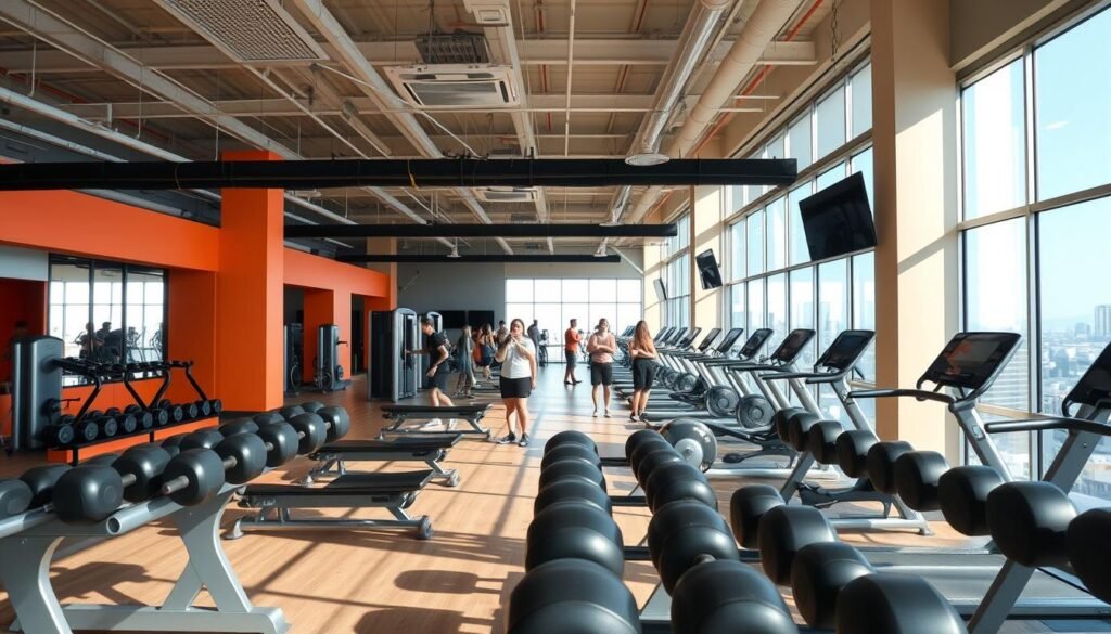 A modern, well-equipped gym in Surabaya, Indonesia. The interior features high ceilings, large windows allowing natural light to stream in, and sleek, state-of-the-art exercise equipment arranged in a spacious, airy layout. Vibrant, motivating colors accent the walls, with neatly organized free weights and resistance machines in the foreground. The middle ground showcases a group of people engaged in various fitness activities, from weightlifting to cardio exercises, captured in a dynamic, energetic pose. The background showcases a panoramic view of the Surabaya cityscape, hinting at the gym's convenient, central location. Overall, the scene conveys a sense of wellness, progress, and a commitment to health and fitness.