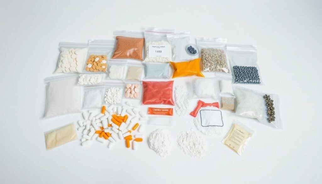A neatly arranged collection of confiscated drug evidence, including plastic bags, pills, and powders, against a plain background. The lighting is soft and evenly distributed, highlighting the sharp details and textures of the various items. The camera angle is slightly elevated, giving a sense of authority and professionalism. The overall mood is one of clinical detachment, conveying the gravity and importance of the seized narcotics as part of a law enforcement operation.