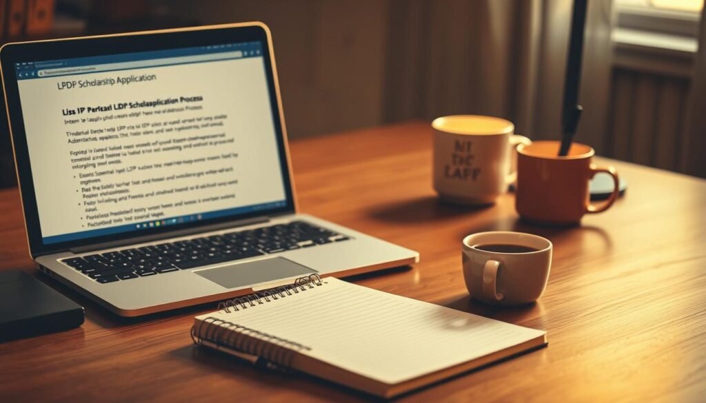 A neatly arranged desktop with a laptop, notebook, and pen. Warm lighting casts a focused, contemplative mood. The laptop screen displays information about the LPDP scholarship application process, with details on the interview and essay components. Carefully curated stationery and a cup of coffee suggest a dedicated student meticulously preparing for this important opportunity. The overall scene conveys a sense of diligence, attention to detail, and a determination to excel in the LPDP selection process.