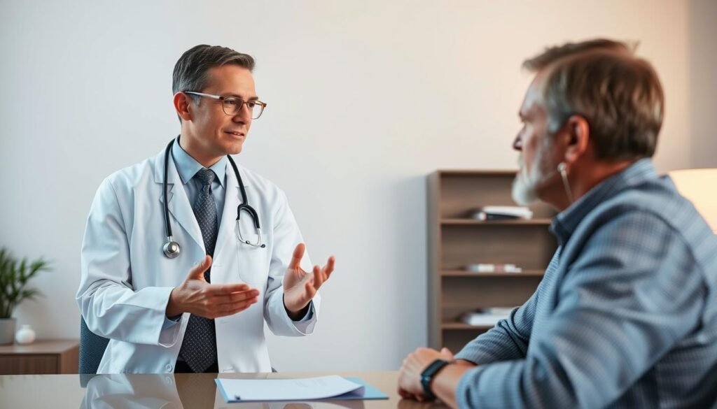A neatly-dressed doctor in a white coat stands at a desk, gesturing as they consult with a patient in a comfortable, well-lit medical office. The patient, an adult of any gender, listens intently, their expression one of thoughtful consideration. The scene conveys a sense of trust, professionalism, and care as they discuss the vaccination process step-by-step. The background is clean and minimalist, allowing the focus to remain on the doctor-patient interaction. Soft, directional lighting casts a warm glow, creating a welcoming atmosphere. The composition is balanced and symmetrical, guiding the viewer's eye to the central figures.