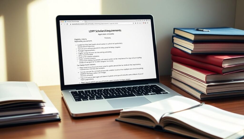 A neatly organized desktop with a laptop, stack of books, and folders, illuminated by soft, natural lighting from a nearby window. The laptop screen displays a web page with detailed information on the LPDP scholarship requirements, including eligibility criteria, application process, and supporting documents. The books and folders contain additional reference materials, conveying a sense of diligent preparation. The overall scene exudes a mood of focused determination and academic excellence, setting the stage for the informative article on changes to the LPDP scholarship program.