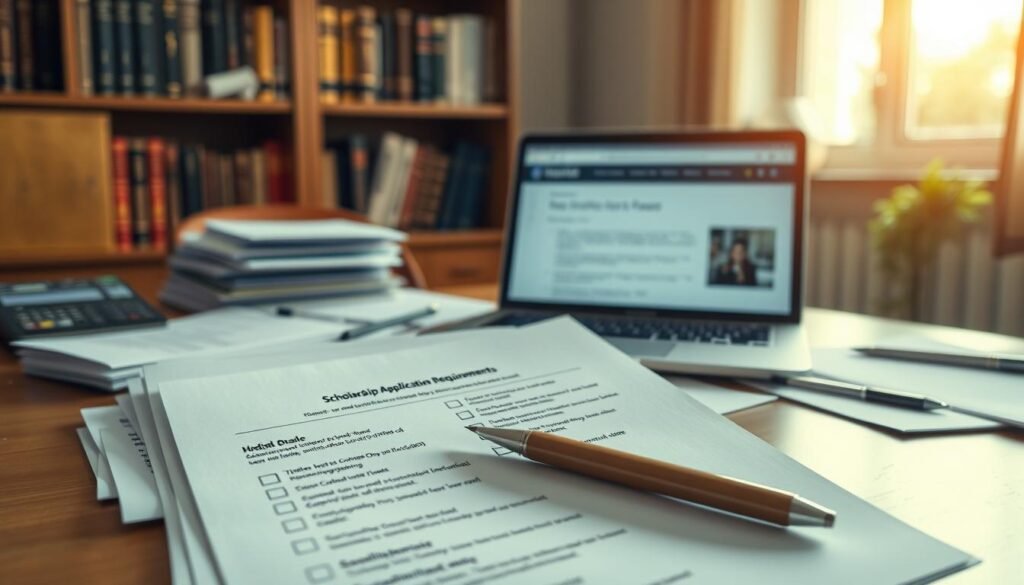 A neatly organized office desk with various documents, a laptop, and a pen. The scene is illuminated by soft, natural lighting from a nearby window, casting a warm, inviting glow. In the foreground, a stack of official-looking forms and a checklist labeled "Scholarship Application Requirements" are prominently displayed, hinting at the meticulous preparation needed for a successful scholarship application. The middle ground showcases a laptop open to a webpage outlining the scholarship program's details, while the background features a bookshelf filled with academic references, suggesting a studious, scholarly environment. The overall mood is one of diligence, professionalism, and the pursuit of educational opportunities.
