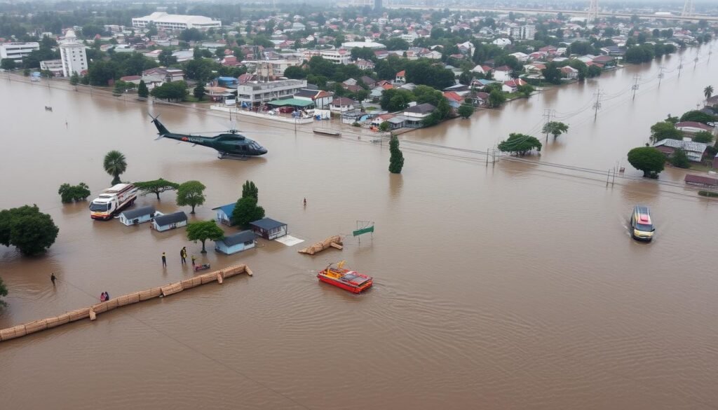 A panoramic aerial view of a city engulfed in floodwaters, with emergency responders and rescue vehicles navigating the submerged streets. In the foreground, sandbags and makeshift barriers line the riverbanks, while helicopters hover overhead, airlifting stranded residents to safety. The middle ground depicts flooded homes, businesses, and infrastructure, with people wading through the murky waters. In the background, a coordinated command center manages the disaster response, guiding relief efforts and coordinating with local authorities. The scene conveys a sense of urgency, resilience, and a well-executed disaster management plan.