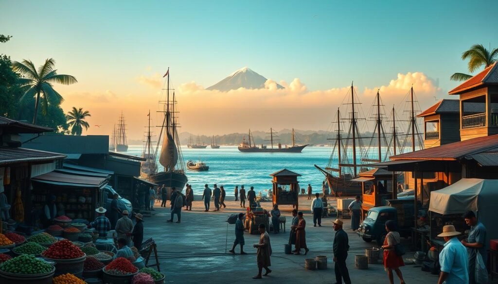 A panoramic landscape depicting the economic history of Indonesia. In the foreground, a bustling marketplace with vibrant stalls selling spices, textiles, and handcrafted goods. In the middle ground, towering merchant ships and cargo vessels docked along a pristine harbor, reflecting the nation's maritime trade dominance. The background features a majestic mountain range shrouded in mist, symbolic of the diverse natural resources that have fueled Indonesia's economic growth over the centuries. The scene is bathed in warm, golden light, creating a sense of timeless prosperity and progress. Subtle historical details, such as traditional architecture and period-appropriate attire, provide cultural context.