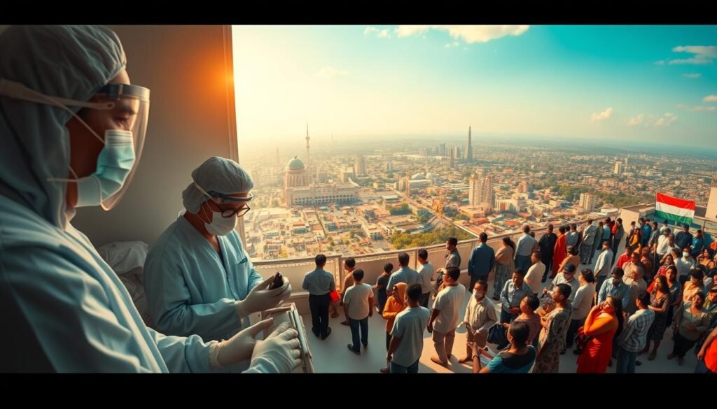 A panoramic view of Indonesia's COVID-19 response, seen through a cinematic lens. In the foreground, healthcare workers in protective gear tend to patients in a well-equipped hospital ward, their faces etched with determination. In the middle ground, a bustling vaccination center, people of all ages lining up patiently to receive their shots, conveying a sense of collective resilience. The background reveals a bird's-eye view of the nation, with cities and towns dotted across the landscape, signifying the widespread efforts to curb the pandemic. Warm, diffused lighting casts a hopeful glow, while the composition emphasizes the interconnectedness of the country's comprehensive COVID-19 management strategy.