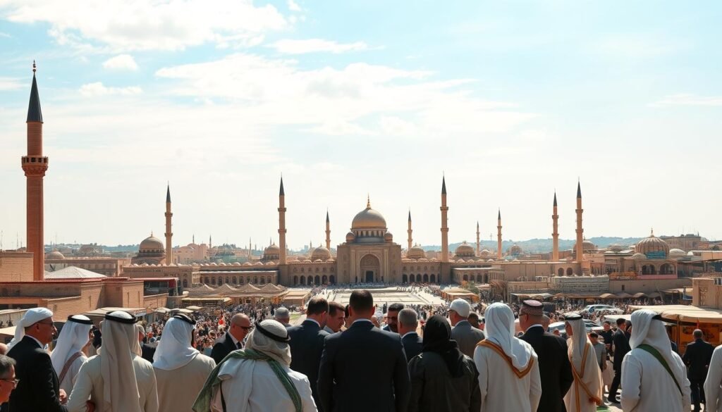 A panoramic view of a bustling Arab capital cityscape, with diverse architectural styles and towering minarets against a vibrant, cloudless sky. In the foreground, diplomats from various Arab nations are gathered, engaged in animated discussions, conveying a sense of regional cooperation and diplomatic negotiations. The middle ground features grand government buildings and embassies, symbolizing the diplomatic ties between the nations. The background showcases the region's cultural heritage, with traditional markets, bazaars, and lively street scenes, creating an atmosphere of a shared cultural identity. The lighting is warm and golden, accentuating the region's rich history and the collaborative spirit of the diplomatic interactions. The overall scene evokes a sense of normalizing regional relationships and fostering a spirit of unity among the Arab states.
