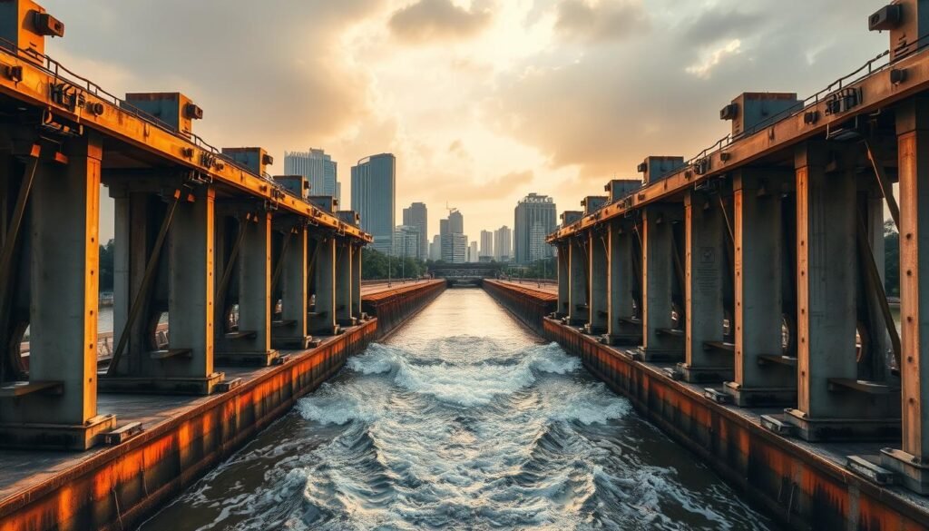 A panoramic view of the Jakarta floodgates, showcasing their status in a state of alert. The foreground depicts the sturdy metal structures of the floodgates, their mechanisms poised and ready to respond to rising water levels. In the middle ground, water flows through the open gates, a testament to their function in controlling the city's waterways. The background features the surrounding urban landscape, with skyscrapers and residential buildings, conveying the importance of these floodgates in safeguarding the capital. The scene is illuminated by warm, golden lighting, creating a sense of urgency and the need for vigilance. The entire composition captures the critical role of the Jakarta floodgates in maintaining the city's flood preparedness.
