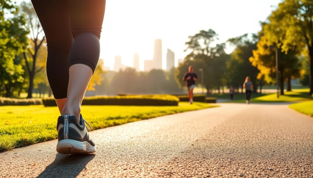 A peaceful morning scene of a person embarking on a brisk walking routine. The foreground shows the lower body of a person in comfortable athletic attire, shoes laced up and ready to stride forward. The middle ground reveals a picturesque park setting, with lush greenery, neatly paved paths, and a few joggers in the distance. The background depicts a serene cityscape, with towering buildings and a clear, bright sky overhead. Warm, natural lighting filters through, casting a gentle glow and creating long, soft shadows. The overall atmosphere conveys a sense of tranquility, motivation, and a commitment to a healthy, active lifestyle.