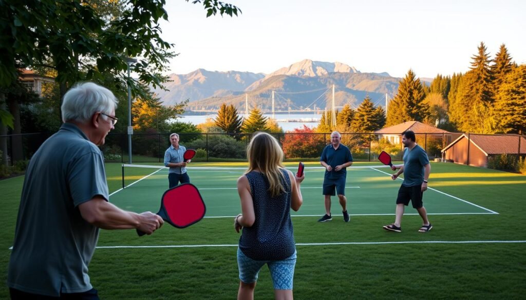A picturesque scene unfolding on the lush, verdant grounds of Bainbridge Island. In the foreground, a group of friends engaged in a friendly game of pickleball, their paddles meeting the brightly colored ball with a satisfying thwack. The middle ground features a well-maintained pickleball court, its vibrant lines contrasting against the surrounding greenery. In the background, the iconic silhouettes of the Cascade Mountains rise majestically, bathed in the warm, golden light of a Pacific Northwest afternoon. The atmosphere is one of casual camaraderie, as the players exchange laughs and friendly banter, immersed in the joy of this emerging sport. Crisp, detailed, and true to the historic roots of pickleball on this island community.