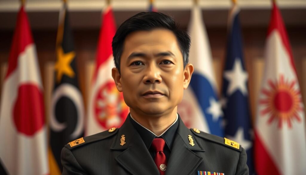 A portrait of an Indonesian diplomat, a prospective ambassador, standing in a formal pose with a diplomatic uniform, against a background of international flags and symbols representing Indonesia's global engagement. The lighting is soft and warm, capturing the subject's composed and authoritative demeanor. The depth of field blurs the background, keeping the focus on the ambassador's face and upper body. The overall mood conveys a sense of professionalism, expertise, and Indonesia's diplomatic reach.