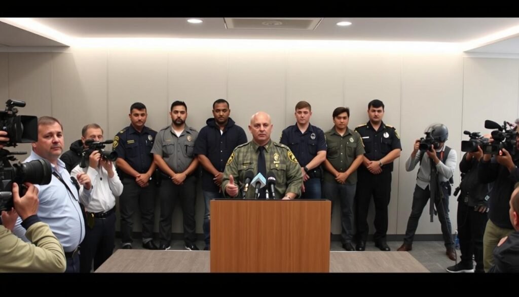 A press conference on the arrest of a motorcycle theft group, held in a well-lit, modern conference room. In the foreground, a group of serious-faced police officers stand at a podium, flanked by the suspects in handcuffs. The middle ground showcases the news media, with reporters and cameramen capturing the event. The background features a neutral wall, adding a sense of formality and professionalism to the scene. The lighting is bright and evenly distributed, creating a sense of transparency and accountability. The overall mood is one of authority, law enforcement, and the successful resolution of a criminal case.