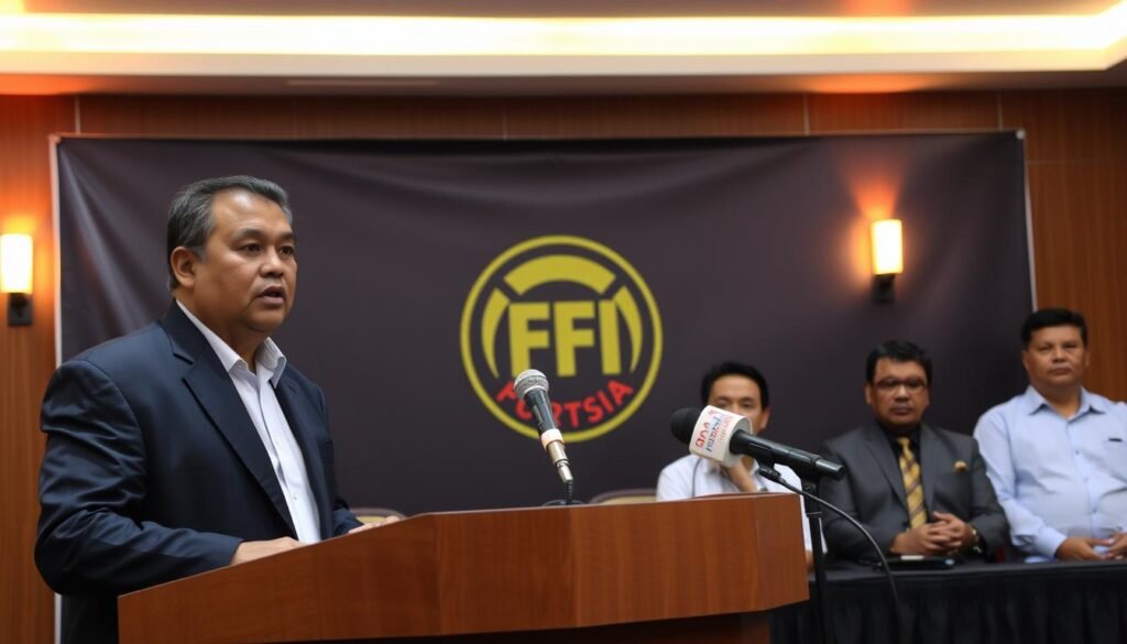 A press conference room with warm, professional lighting. In the foreground, the president of the Indonesian Futsal Federation (FFI) stands at a podium, speaking passionately into a microphone, his expression grave. Behind him, the FFI logo is prominently displayed on a backdrop. To the sides, members of the FFI board sit attentively, their faces conveying a mix of concern and determination. The atmosphere is one of seriousness and resolve, as the FFI addresses the recent incident at the Jatim Porprov futsal final.
