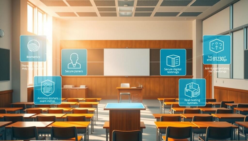 A pristine classroom setting, with rows of desks and chairs arranged in an orderly fashion. Sunlight streams through large windows, casting a warm glow over the scene. At the front, a teacher's desk stands tall, symbolizing the authority and responsibility of maintaining exam integrity. Hovering above, a series of holographic displays showcase various security measures and anti-cheating protocols, such as biometric scanners, secure digital tests, and real-time monitoring systems. The atmosphere exudes a sense of professionalism, diligence, and a commitment to upholding the highest standards of academic honesty. The image conveys the idea of a comprehensive, technology-driven solution to enhance the overall integrity of the national examination process.
