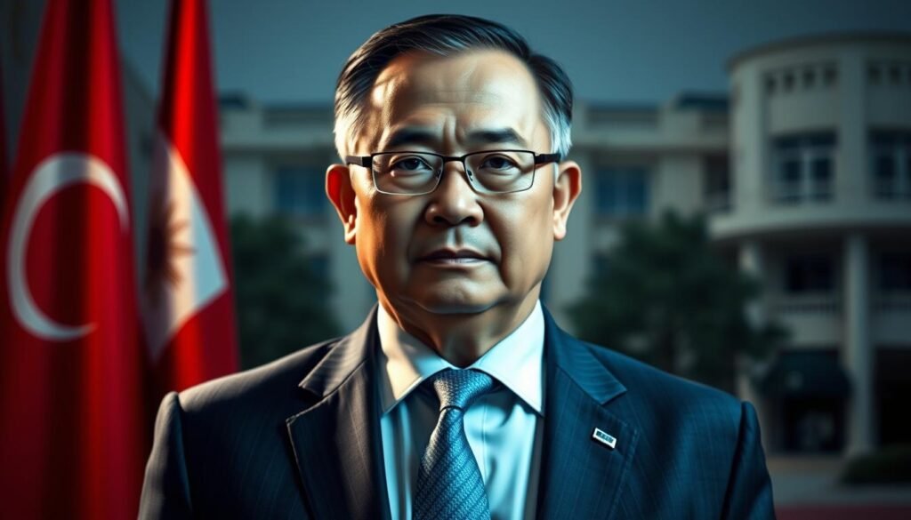 A professional-looking headshot of a distinguished Indonesian diplomat, dressed in a tailored suit and tie, standing against a backdrop of the Indonesian flag and government buildings. The subject's expression is serious and focused, conveying a sense of authority and competence. The lighting is soft and directional, creating subtle shadows that accentuate the diplomat's features. The composition is balanced, with the subject positioned slightly off-center to create visual interest. The overall mood is one of professionalism, confidence, and a commitment to public service.