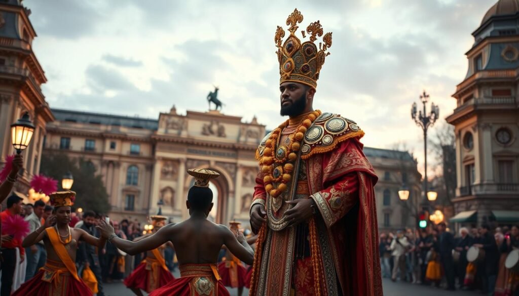 A regal figure stands tall, adorned in intricate ceremonial garb, commanding attention amid a vibrant, bustling scene. In the foreground, a group of performers execute the traditional "Pacu Jalur" dance, their graceful movements punctuated by the rhythm of drums and the energy of the crowd. The middle ground reveals the grand, ornate architecture of a Parisian landmark, while the background is filled with the soft, diffused light of an evening sky. This visually captivating tableau captures the essence of "King Sparko" presiding over the cultural celebration in the heart of the French capital.