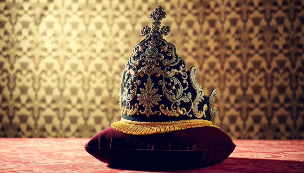 A richly detailed ceremonial headdress, the Tanjak, rests upon a velvet cushion. The intricate gold and silver embroidery gleams in the soft, warm lighting, casting a regal and reverent atmosphere. In the background, a pattern of traditional Malay motifs creates a visually striking and culturally significant context. The Tanjak's ornate design symbolizes the solemn responsibilities and unwavering dedication associated with the office of the Inspector General of the Indonesian National Police, representing a profound connection between the wearer and the community they serve. The scene evokes a sense of timeless tradition, respect, and the profound significance of this ceremonial exchange.