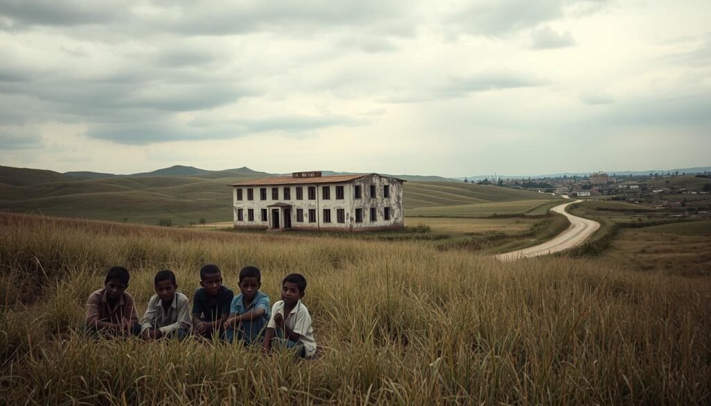A rural countryside landscape with rolling hills, dilapidated buildings, and children playing among the tall grass. The sky is overcast, casting a somber, muted tone. In the foreground, a group of students sit listlessly on the ground, their faces expressing a sense of resignation. The middle ground reveals a crumbling school structure, its windows boarded up and its walls in disrepair. In the background, a winding dirt road leads to a small town, where the outlines of more neglected buildings can be seen. The overall scene conveys a sense of educational neglect and the harsh realities facing communities with high dropout rates.