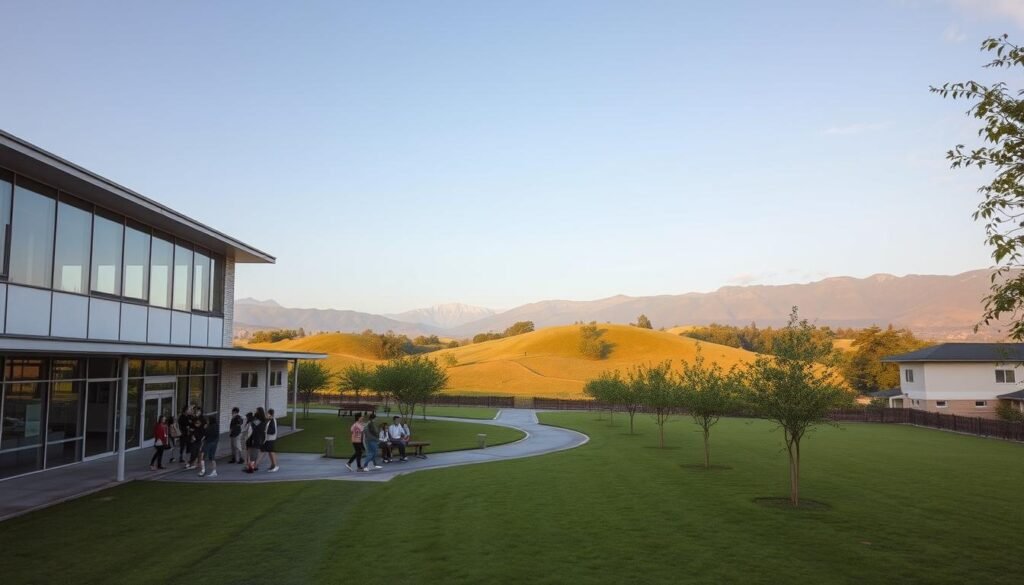 A rural school campus nestled in lush, rolling hills. The foreground features a newly constructed two-story school building with a modern, glass-fronted design. Students gather around the entrance, chatting and laughing. In the middle ground, a paved walkway winds through a well-manicured lawn, lined with young trees. The background showcases picturesque countryside, with distant mountains bathed in warm, golden sunlight. The scene conveys a sense of progress, community, and educational opportunity in a previously underserved area. Crisp, high-resolution rendering with a cinematic, wide-angle lens.