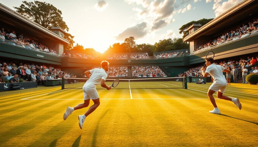 A scenic tennis court at the iconic Wimbledon venue, bathed in golden-hour sunlight. Two players, clad in pristine white uniforms, engage in a thrilling rally, their rackets a blur as they chase the ball across the lush green grass. The crowd cheers in the distance, their excitement palpable. In the foreground, a shallow depth of field emphasizes the intense focus of the players, while the grandstands and manicured gardens of Wimbledon form a picturesque backdrop, conveying the grandeur and prestige of the tournament. The scene exudes a sense of anticipation and triumph, capturing the essence of the journey to the final of this prestigious event.