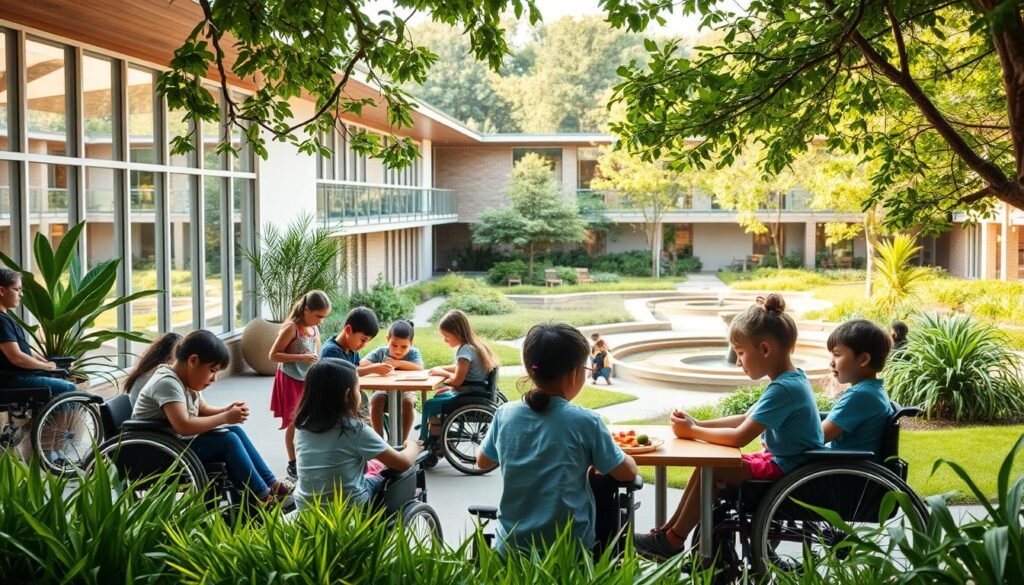 A serene and inclusive school nestled in a lush, verdant landscape. In the foreground, a group of diverse students, each with unique needs, engage in hands-on learning activities under the warm, natural lighting that filters through the large windows. The middle ground showcases the school's modern, wheelchair-accessible architecture, designed to create a welcoming and comfortable environment. In the background, a tranquil garden with soothing water features and calming greenery, creating a peaceful atmosphere conducive to the students' growth and development. The scene conveys a sense of inclusivity, empowerment, and a commitment to providing exceptional educational experiences for all.