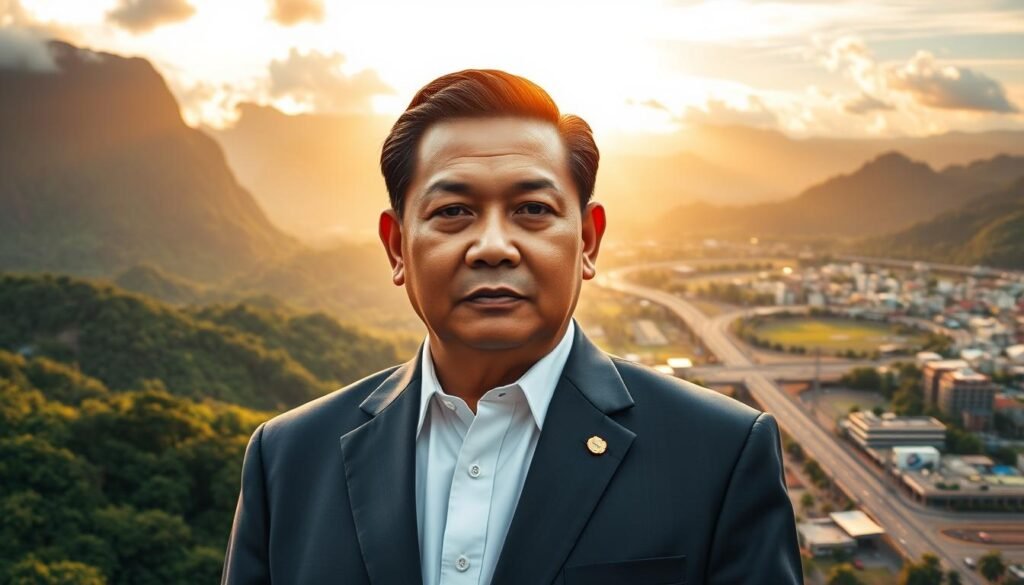 A serene and stately portrait of President Prabowo standing tall amidst the lush, verdant landscapes of Papua. The foreground features the president in a crisp, formal suit, his gaze resolute and forward-looking. The middle ground showcases the grand, towering mountains and rolling hills of the region, hinting at the scope of development and progress. In the distance, a sprawling network of modern infrastructure - roads, bridges, and buildings - underscores Prabowo's commitment to the development of this vital province. Warm, golden sunlight filters through wispy clouds, creating a sense of hope and optimism. The overall composition conveys a sense of purpose, determination, and a vision for a brighter future for Papua.