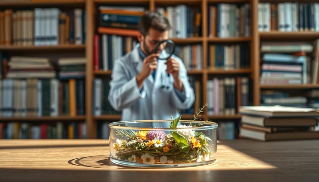 A serene and tranquil scene depicting the scientific evidence supporting natural remedies. In the foreground, a petri dish filled with natural botanicals, such as herbs and flowers, sits on a wooden surface, illuminated by soft, natural lighting. In the middle ground, a medical researcher in a white lab coat carefully examines the contents, using a magnifying glass to study the samples. In the background, a bookshelf filled with scientific journals and textbooks on alternative and complementary medicine creates a sense of academic rigor. The overall atmosphere conveys a harmonious blend of empirical investigation and the inherent healing power of nature.