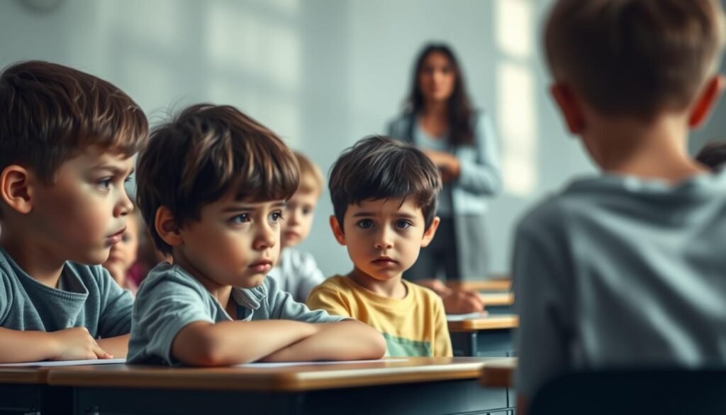 A serene classroom setting, bathed in soft, natural lighting. In the foreground, a group of children sit at their desks, expressions tinged with worry and unease. Their faces reflect the weight of modern pressures - academic demands, social media, and the uncertainties of the world. In the middle ground, a teacher stands, their demeanor calm and reassuring, offering support and guidance. The background blurs into a hazy, abstract representation of the complex forces shaping contemporary childhood anxiety - technology, societal expectations, and the fast-paced nature of modern life. The overall scene conveys a sense of empathy, understanding, and the search for solutions to alleviate the burdens faced by today's children.