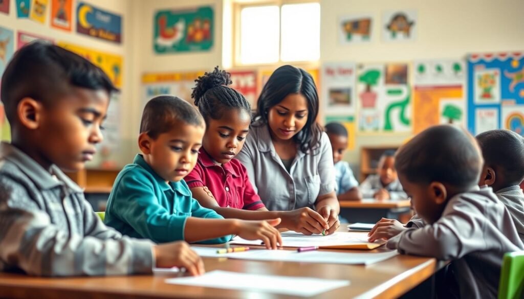 A serene classroom setting, featuring a group of primary school students engaged in a character-building exercise. The foreground shows them collaborating on a hands-on project, their expressions focused and determined. The middle ground reveals a teacher guiding them, their body language warm and encouraging. In the background, the walls are adorned with colorful educational posters and student artwork, creating a vibrant, inspirational atmosphere. Soft, natural lighting filters through the windows, casting a gentle glow over the scene. The overall mood conveys the transformative power of education, fostering the development of moral values and ethical principles that can break the cycle of poverty.