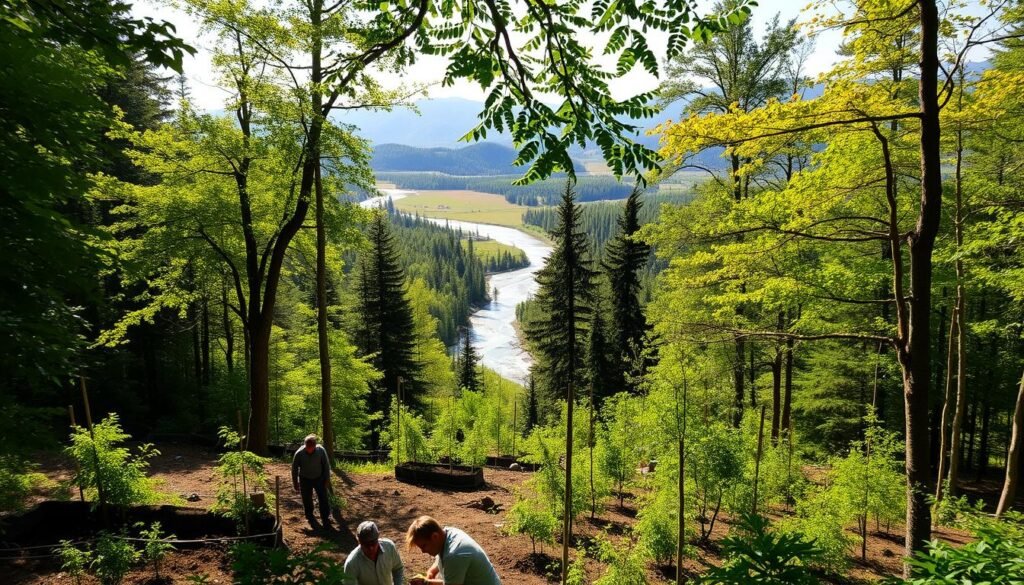 A serene forest landscape, with lush, verdant foliage and sunlight filtering through the canopy, illuminating the forest floor. In the foreground, a group of people tending to a small nursery, planting and caring for young saplings. In the middle ground, a river winds its way through the landscape, its clear waters reflecting the surrounding trees. In the background, rolling hills and mountains rise up, their peaks capped with snow. The scene conveys a sense of harmony and balance, where human activity and the natural environment coexist in a mutually beneficial way, showcasing the positive impact of environmental conservation efforts.