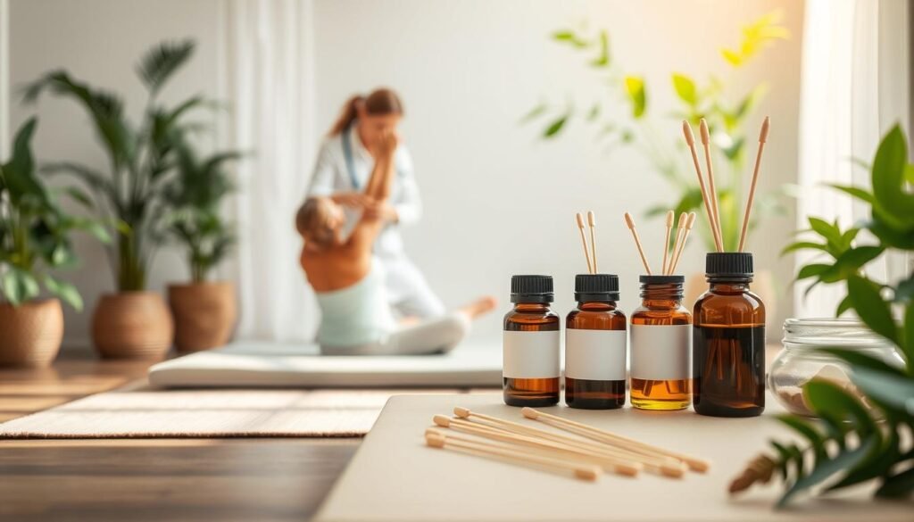 A serene, harmonious blend of physical therapy and alternative medicine. In the foreground, a patient performs gentle stretches and movements on a cushioned mat, guided by a healthcare professional. In the middle ground, jars of herbal supplements, essential oils, and acupuncture needles suggest an integrated approach to holistic wellness. The background features a soothing, nature-inspired environment with lush greenery, soft lighting, and a calming color palette. The overall scene conveys a sense of balance, rejuvenation, and the powerful synergy between traditional and modern therapeutic modalities.