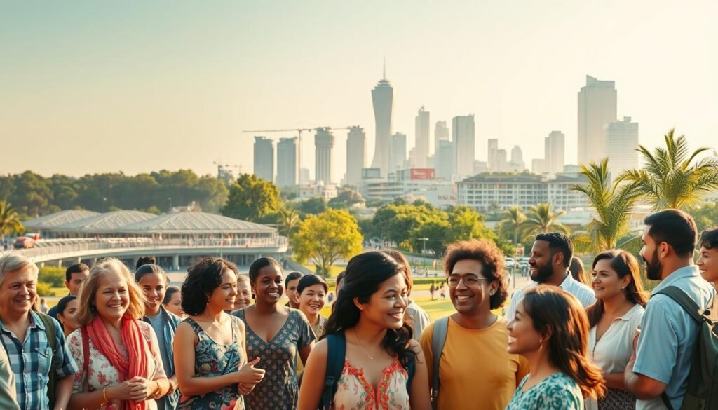 A serene, inclusive scene depicting the benefits of inclusive development. In the foreground, a diverse group of people from different backgrounds interact harmoniously, their faces alight with joy and understanding. The middle ground features infrastructure and public spaces that cater to all, with accessibility features and inclusive design. In the background, a cityscape rises, showcasing sustainable, green architecture that promotes equity and community. Warm, natural lighting bathes the scene, creating a sense of unity and shared prosperity. The overall atmosphere conveys the social, economic, and environmental advantages of an inclusive approach to development.