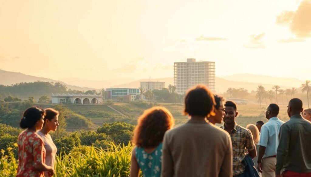A serene landscape depicting the principles of inclusive development. In the foreground, a diverse group of people from different backgrounds collaborate harmoniously, representing inclusivity and equality. The middle ground features architectural structures symbolizing sustainable and accessible infrastructure. In the background, lush greenery and a warm, golden-hued sky convey a sense of balance, harmony, and progress. The scene is illuminated by soft, natural lighting, creating a welcoming and hopeful atmosphere. Captured through a wide-angle lens, the image conveys the interconnectedness and holistic nature of inclusive development.