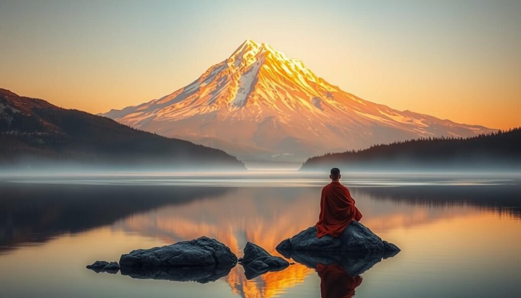 A serene landscape with a majestic snow-capped mountain in the background, its peak illuminated by warm, golden sunlight. In the foreground, a tranquil lake reflects the scene, its still waters mirroring the mountain's grandeur. Seated on a rock by the lakeside is a robed figure, hands clasped in meditation, radiating an aura of inner peace and wisdom. The atmosphere is one of contemplation and harmony, evoking the ideals of the Nobel Peace Prize.
