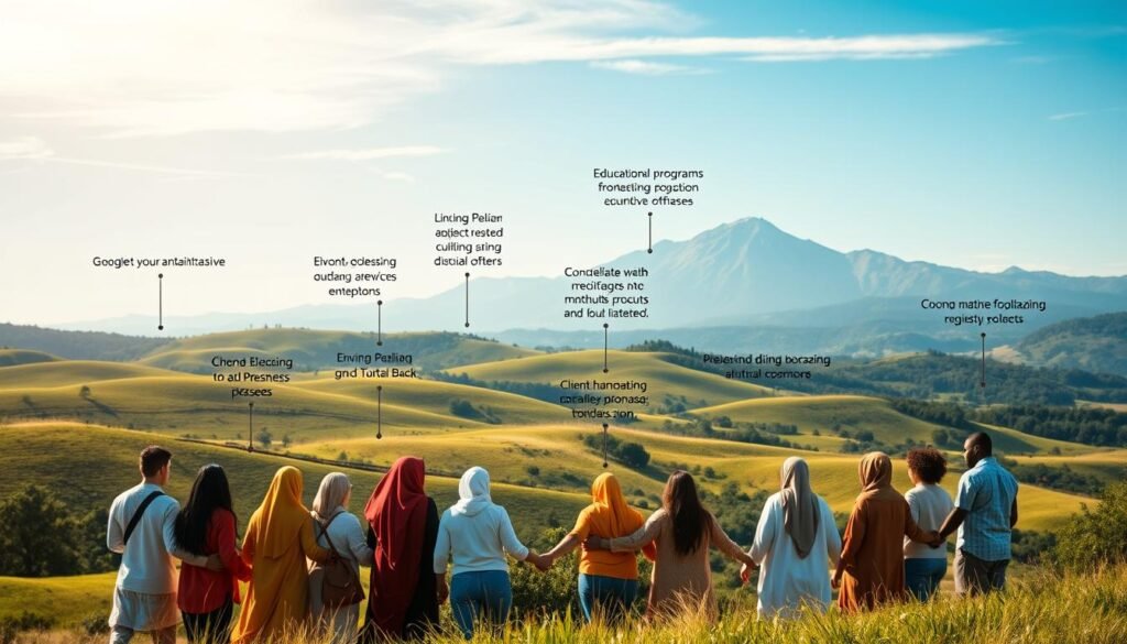 A serene landscape with rolling hills, lush greenery, and a clear blue sky. In the foreground, a group of diverse people come together, their hands joined in a symbolic gesture of unity and understanding. The middle ground depicts various community initiatives, such as educational programs, counseling services, and outreach activities, all aimed at fostering tolerance and preventing radicalization. In the background, a majestic mountain range stands tall, representing the resilience and strength of the community. Soft, warm lighting illuminates the scene, creating a sense of hope and optimism. The image conveys a message of collective effort, empathy, and a collaborative approach to tackling the challenges of social radicalism.