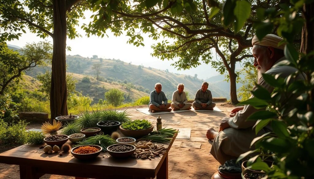 A serene outdoor scene depicting traditional herbal medicine practices. In the foreground, a local herbalist carefully examines a variety of natural botanicals arrayed on a worn wooden table, surrounded by lush, verdant foliage. Soft, diffused natural lighting filters through the canopy of trees, casting a warm, earthy glow over the scene. In the middle ground, elderly patients sit cross-legged on mats, engaged in quiet contemplation as they receive holistic treatments. The background reveals a tranquil hillside landscape, with rolling hills and distant mountains framing the traditional healing sanctuary. The overall atmosphere conveys a sense of ancient wisdom, harmony with nature, and the restorative power of time-honored medicinal practices.