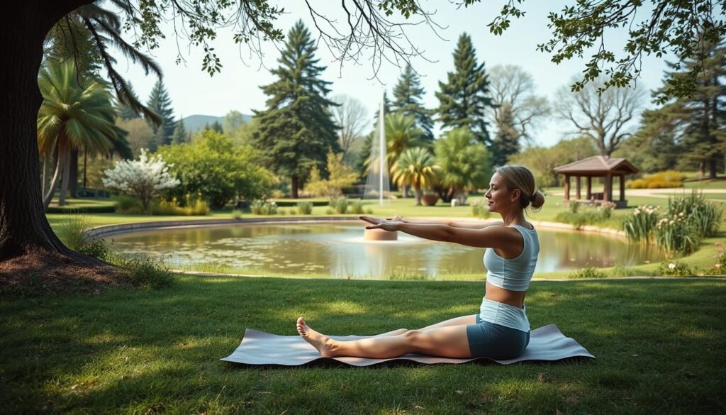 A serene outdoor scene of a person practicing low-impact therapeutic exercises in a picturesque park setting. The foreground depicts a person performing gentle yoga poses or stretches on a plush exercise mat, surrounded by lush greenery and a tranquil pond in the middle ground. The background showcases a picturesque landscape with tall trees, blooming flowers, and a soft, warm lighting that creates a calming ambiance. The composition is framed by the natural elements, conveying a sense of balance, harmony, and the therapeutic benefits of mindful movement in nature.