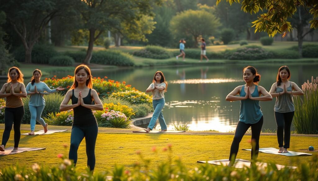 A serene outdoor scene of people engaged in various therapeutic exercises to heal emotional trauma. In the foreground, a group of individuals moving through a series of gentle yoga poses, their expressions calm and focused. In the middle ground, others walking slowly through a lush, verdant garden, pausing to admire the colorful flowers. In the background, a peaceful lake reflects the surrounding nature, its still waters conveying a sense of tranquility. Warm, diffused lighting filters through the scene, creating a soothing, meditative atmosphere. The overall composition evokes a therapeutic, restorative experience, perfectly capturing the essence of "Olahraga Terapi untuk Penyembuhan Trauma".