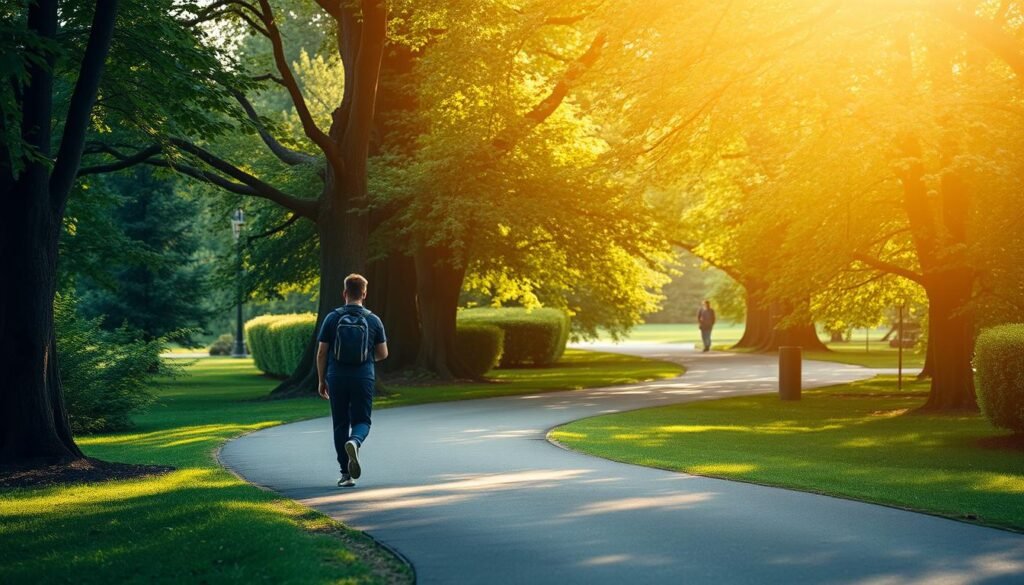 A serene park setting with a winding pathway leading through lush greenery. Soft, diffused sunlight filters through the trees, casting a warm, calming glow. A person walks alone, lost in contemplative thought, their stride measured and purposeful. The scene exudes a sense of peace and mental clarity, reflecting the restorative benefits of a mindful walking routine. The focus is on the tranquil, introspective experience, capturing the essence of how regular walking can positively impact mental health and cognitive function.